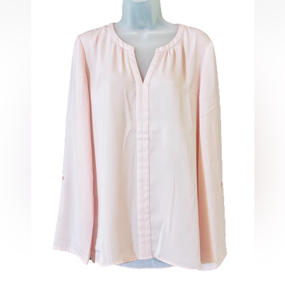 Lark & Ro Women's Size M Pink Long Sleeve Roll Tab V-neck Top Soft Classic